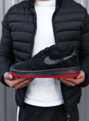 Мужские кроссовки Nike Air Force 1 Black Red Fur чёрные с красным на меху (41-45) 3018 фото