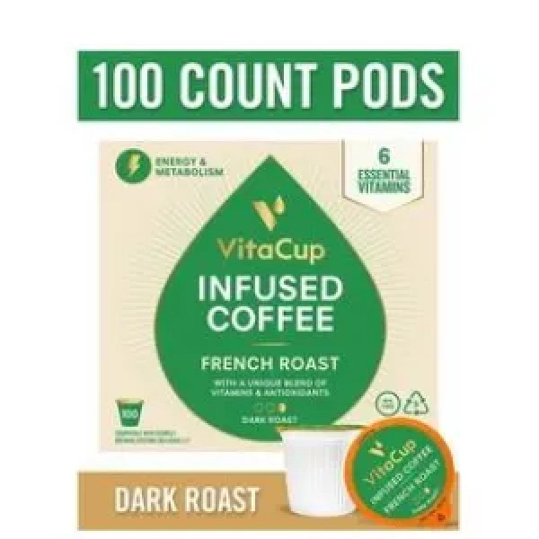 Кава з вітамінами, French Roast Coffee Pods, VitaCup, 100 шт