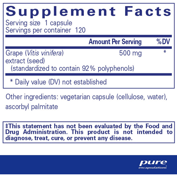 Екстракт виноградних кісточок, Grape Pip, Pure Encapsulations, 500 мг, 120 капсул