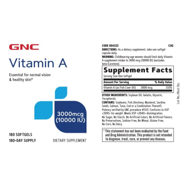 Вітамін А (з риб'ячого жиру), Vitamin A, GNC, 10 000 МО, 180 гелевих капсул