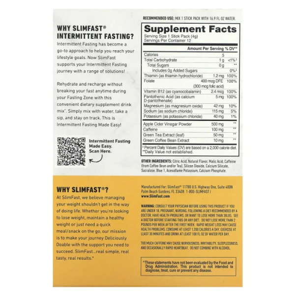 Підтримка при інтервальному голодуванні, Intermittent Fasting, SlimFast, підвищення енергії, смак ягідного лимонаду, 12 стіків по 4 г
