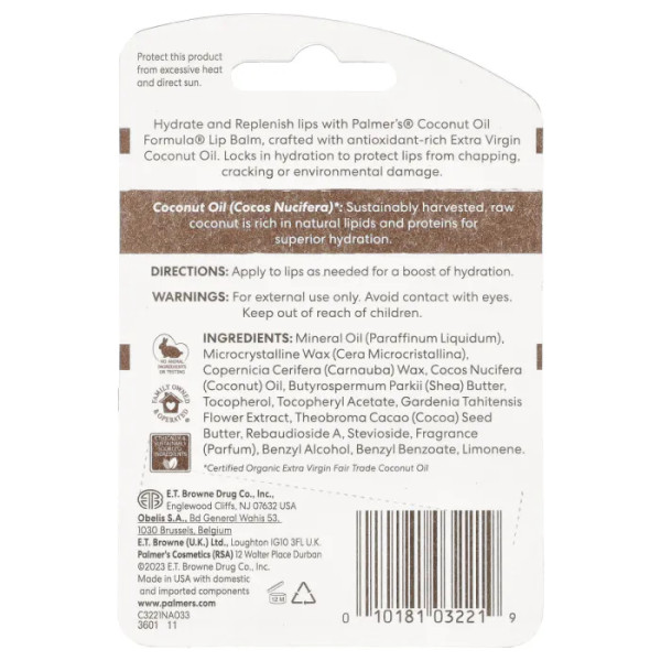 Бальзам для губ, Coconut Hydrate Lip Balm, Palmer's, з кокосовим маслом та вітаміном E, зволожуючий, 2 упаковки по 4 г кожна