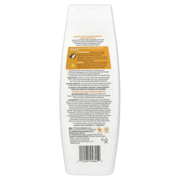 Шампунь для волосся з маслом какао, Cocoa Butter Formula® з Vitamin E, Length Retention Shampoo, Palmer's, для збереження довжини, натуральний біотин та вітамін Е, 400 мл