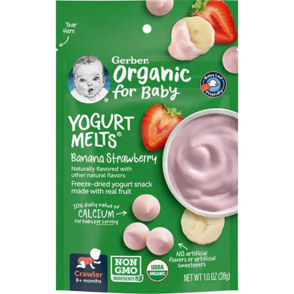 Живой йогурт с бананом и клубникой, шарики, Yogurt Melts, Gerber, Organic for Baby, органик, от 8 месяцев, 28 г