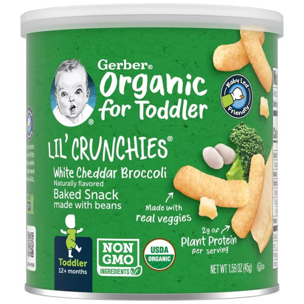 Кукурудзяні палички, Organic for Toddler, Lil' Crunchies, Gerber, Organic Lil' Crunchies, від 12 місяців, боби, білий чеддер та брокколі, 45 г