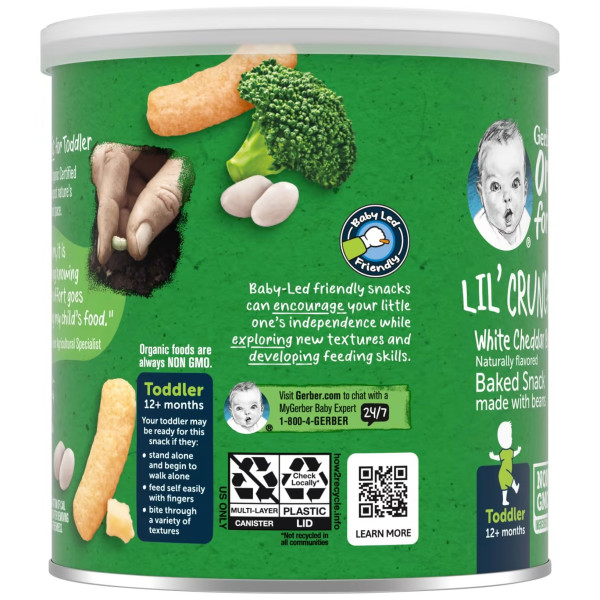 Кукурудзяні палички, Organic for Toddler, Lil' Crunchies, Gerber, Organic Lil' Crunchies, від 12 місяців, боби, білий чеддер та брокколі, 45 г