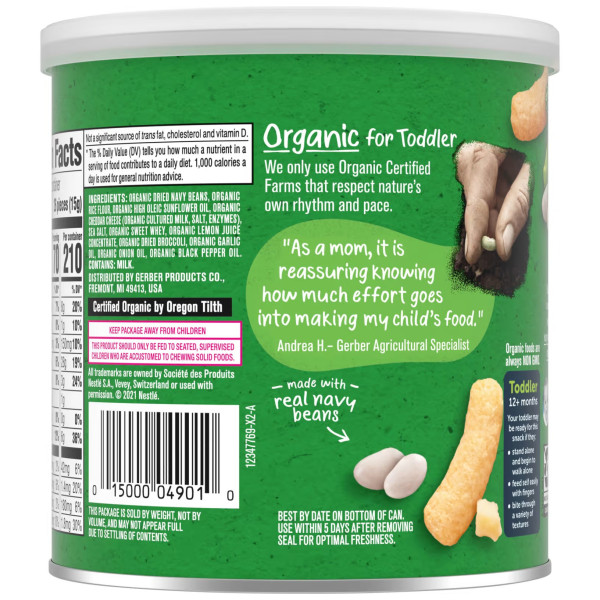 Кукурудзяні палички, Organic for Toddler, Lil' Crunchies, Gerber, Organic Lil' Crunchies, від 12 місяців, боби, білий чеддер та брокколі, 45 г