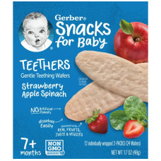 Вафлі для прорізування зубів 7+ місяців, Gentle Teething Wafers Gerber Snacks for Baby, смак полуниці, яблуко та шпинат, 12 пакетиків по 2 шт.