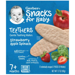 Вафлі для прорізування зубів 7+ місяців, Gentle Teething Wafers Gerber Snacks for Baby, смак полуниці, яблуко та шпинат, 12 пакетиків по 2 шт.