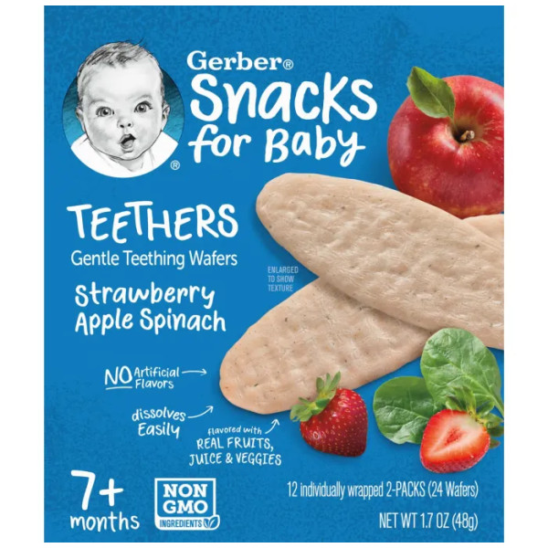 Вафлі для прорізування зубів, Gentle Teething Wafers, Gerber, Snacks for Baby, від 7 місяців, полуниця, яблуко та шпинат, 12 пакетиків по 2 шт. в індивідуальній упаковці