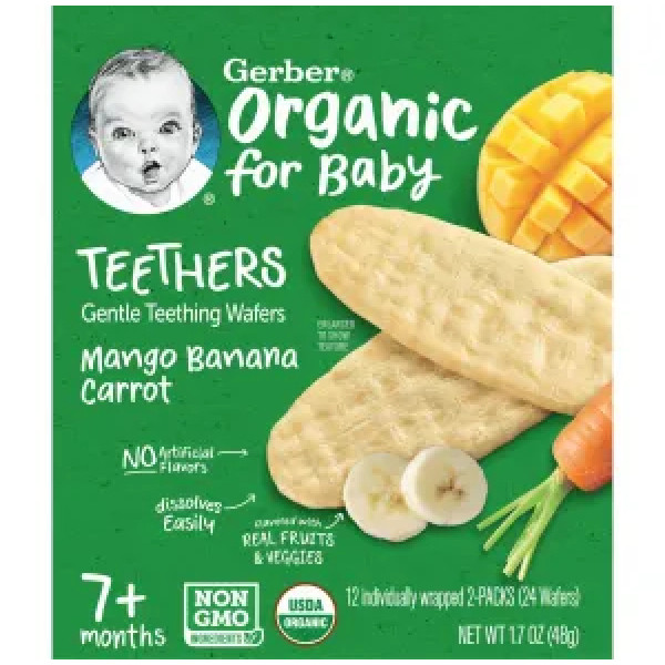 Вафлі для прорізування зубів, Gentle Teething Wafers, Gerber, Organic for Baby, від 7 місяців, манго, банан та морква, 12 пакетиків по 2 вафлі в індивідуальній упаковці