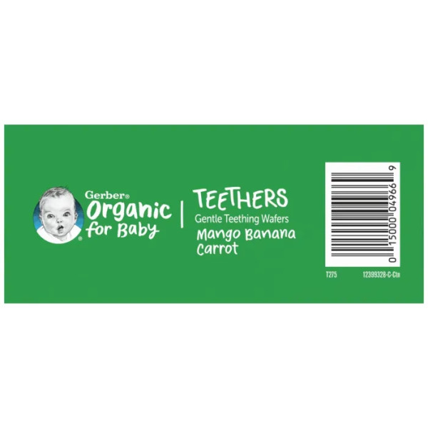 Вафлі для прорізування зубів, Gentle Teething Wafers, Gerber, Organic for Baby, від 7 місяців, манго, банан та морква, 12 пакетиків по 2 вафлі в індивідуальній упаковці