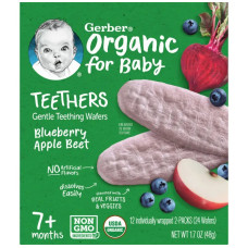 Вафлі для прорізування зубів органік 7+ місяців, Gentle Teething Wafers Gerber Organic for Baby, смак чорниці, яблуко та буряк, 12 пакетиків по 2 вафлі