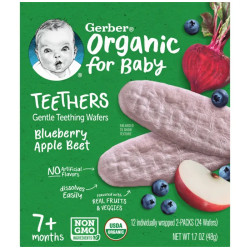 Вафлі для прорізування зубів органік 7+ місяців, Gentle Teething Wafers Gerber Organic for Baby, смак чорниці, яблуко та буряк, 12 пакетиків по 2 вафлі