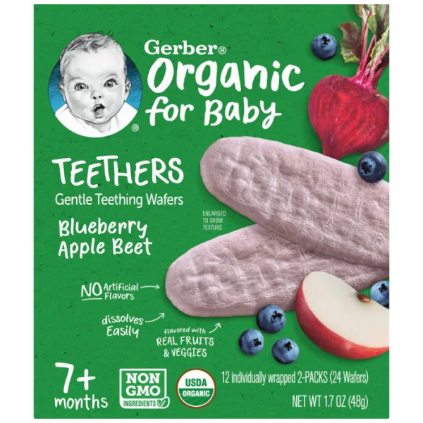 Вафлі для прорізування зубів, Gentle Teething Wafers, Gerber, Organic for Baby, від 7 місяців, чорниця, яблуко та буряк, 12 пакетиків по 2 вафлі в індивідуальній упаковці