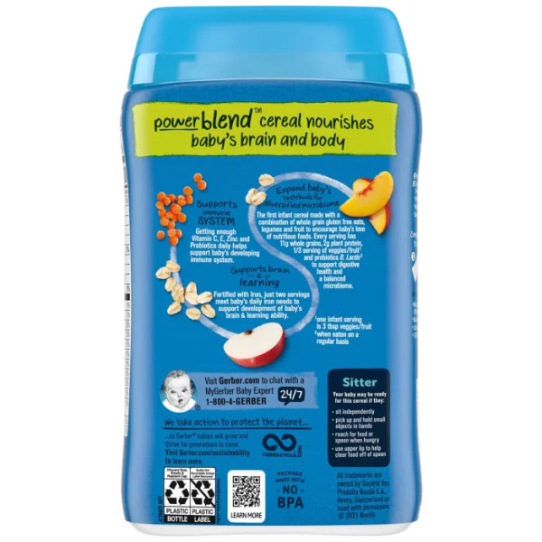 Вівсяні пластівці, Probiotic Oatmeal Lentil, Gerber, Cereal for Baby, з пробіотиками, сочевиця, персик та яблуко, 227 г
