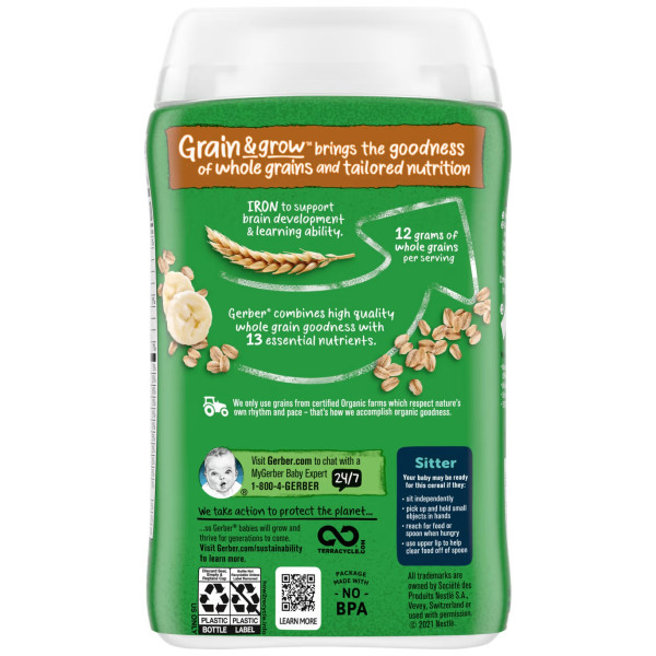 Вівсяна каша, Oatmeal Banana Cereal, Grain & Grow, Gerber, Lil 'Bits, органічна, з бананом, для малюків, які вміють сидіти, 227 г