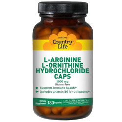 Аргинин орнитин, Country Life L-Arginine L-Ornithine, 1000 мг, 180 капсул