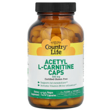 Ацетилкарнітин, Acetyl L-Carnitine, Country Life, 500 мг, 120 веганських капсул