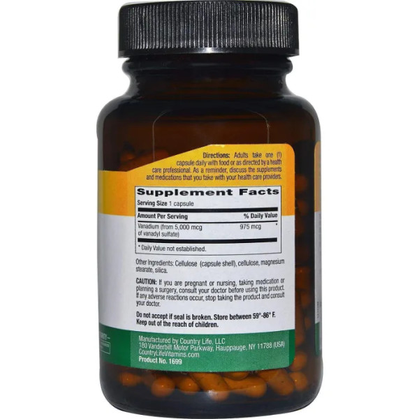 Ванадил, ванадій сульфат, Vanadyl Sulfate, Country Life, 5000 мкг, 180 капсул