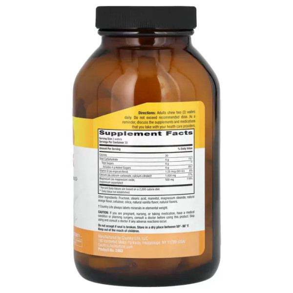 Кальцій та магній, жувальний, Chewable Calcium Magnesium, Country Life, Cal-Snack, зі смаком ванілі та апельсина, 60 жувальних вафель