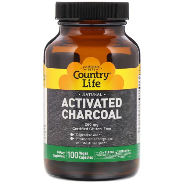 Активированный уголь, Activated Charcoal, Country Life, 260 мг (4 г), 100 капсул