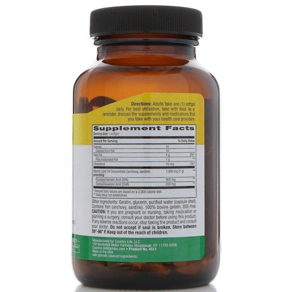 Омега-3 (концентрат), Super Omega-3, Country Life, 60 кап.