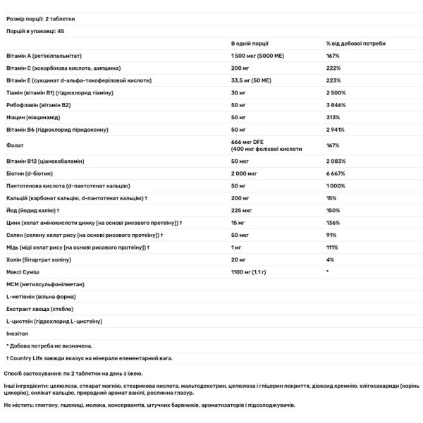 Вітаміни для волосся, Maxi Hair, Country Life, сертифіковані, 90 таблеток