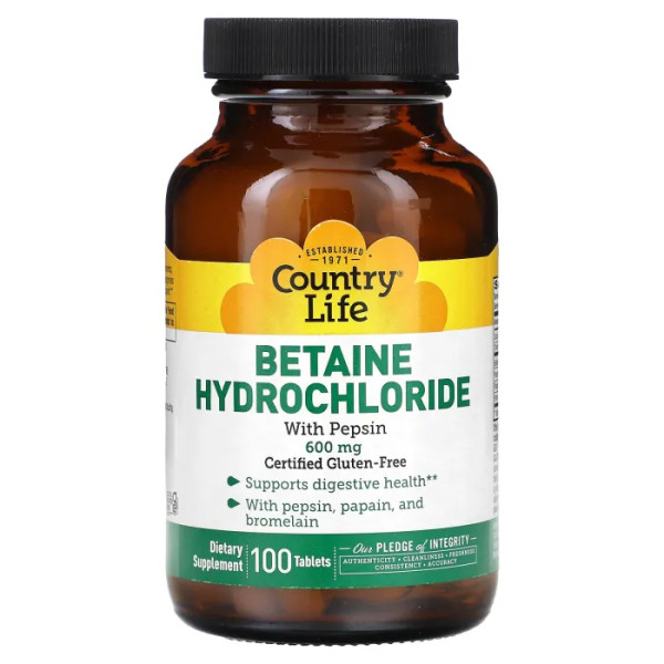 Бетаїну гідрохлорид, Betaine Hydrochloride, Country Life, з пепсином, 600 мг, 100 таблеток