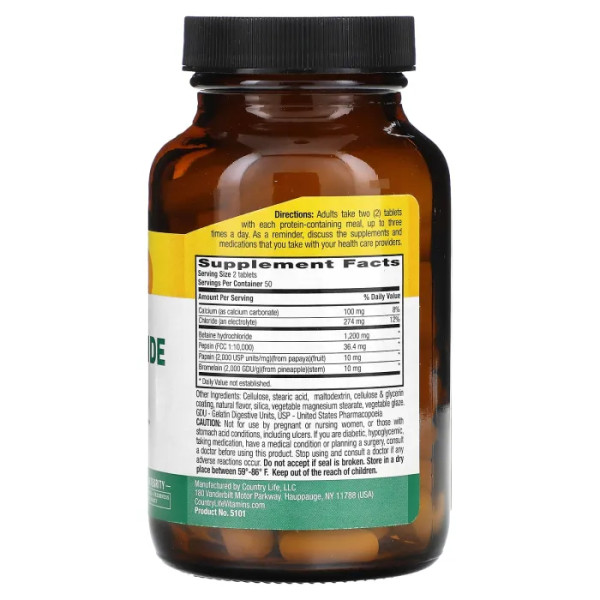 Бетаїну гідрохлорид, Betaine Hydrochloride, Country Life, з пепсином, 600 мг, 100 таблеток