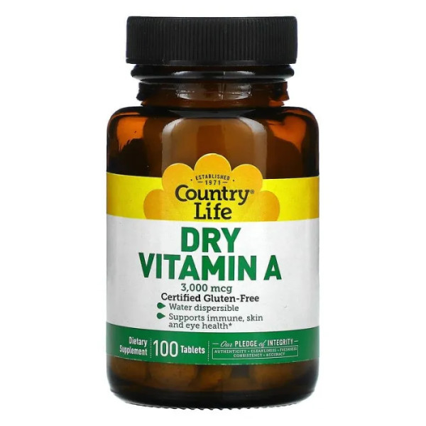 Вітамін А, Dry Vitamin A, Country Life, сухий, 3000 мкг, 100 таблеток