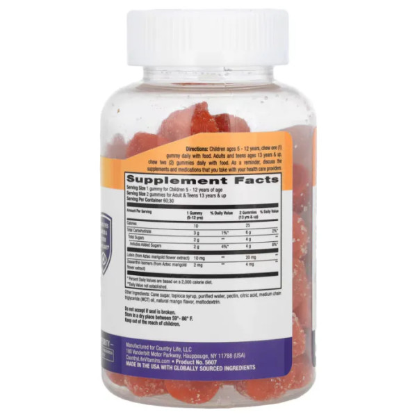 Лютеїн та зеаксантин, Lutein & Zeaxanthin Gummies, Country Life, зі смаком натурального манго, 60 жувальних цукерок