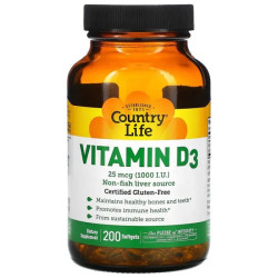 Витамин D3 25 мкг (1000 МЕ), Vitamin D-3 Country Life, 200 капсул