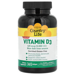 Вітамін D3 125 мкг (5000 МО), Country Life Vitamin D3, 365 гелевих капсул