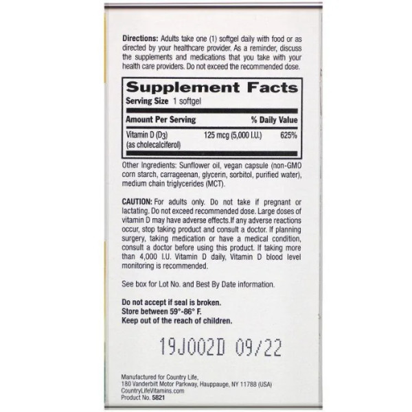 Вегетаріанський вітамін D3, Vegan D3, Country Life, 125 мкг (5000 МО), 60 капсул