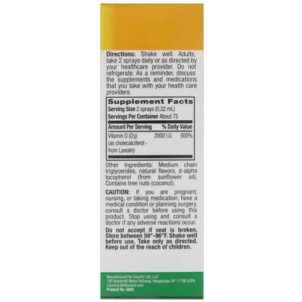 Вітамін D3 для веганів, смак ванілі, Vitamin D3, Country Life, спрей, 2000 МО (50 мкг), 24 мл