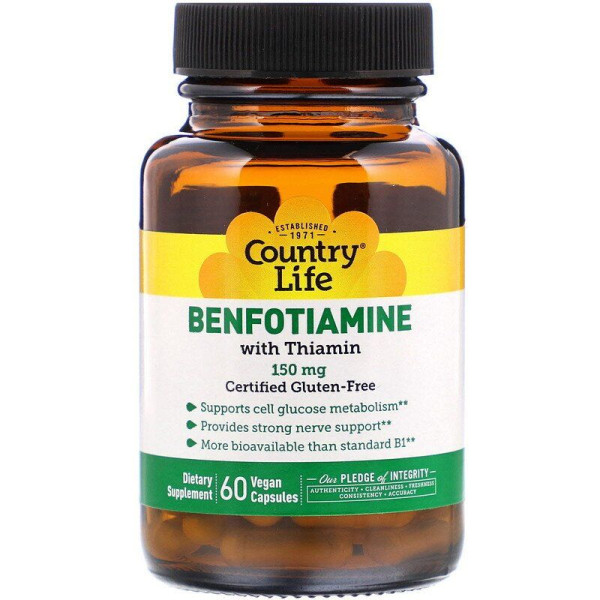 Бенфотіамін з тіаміном, Benfotiamine, Country Life, 150 мг, 60 веганських капсул