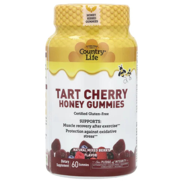 Підтримка імунітету, Tart Cherry Honey Gummies, Country Life, з вишневим медом, натуральне асорті ягідне, 480 мг, 60 жувальних мармеладок (240 мг в 1 жувальній мармеладці)