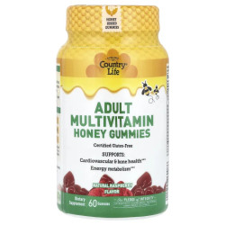 Мультивітаміни для дорослих жувальні, натуральна малина, Country Life Adult Multivitamin Honey Gummies, 60 жувальних таблеток
