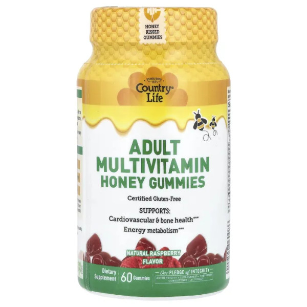Мультивітаміни для дорослих, Adult Multivitamin Honey Gummies, Country Life, натуральна малина, 60 жувальних таблеток