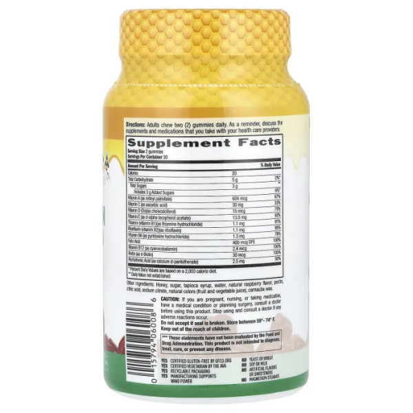 Мультивітаміни для дорослих, Adult Multivitamin Honey Gummies, Country Life, натуральна малина, 60 жувальних таблеток