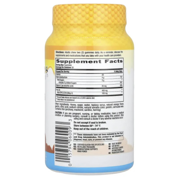 Омега 3, Omega-3 Honey Gummies, Country Life, натуральний апельсин, 60 жувальних таблеток