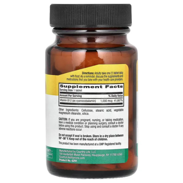 Вітамін В12 (ціанокобаламін), Vitamin B12, Country Life 1000 мкг, 60 таб.