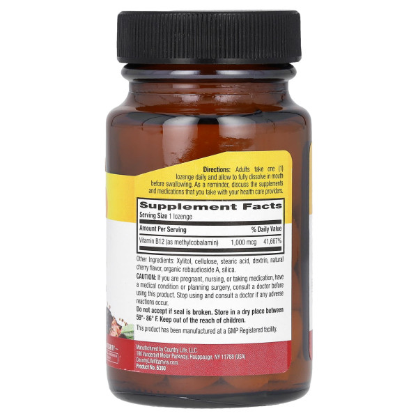 Вітамін В12 (метилкобаламін), Methyl B12, Country Life, смак вишні, 1000 мкг, 60 льодяників