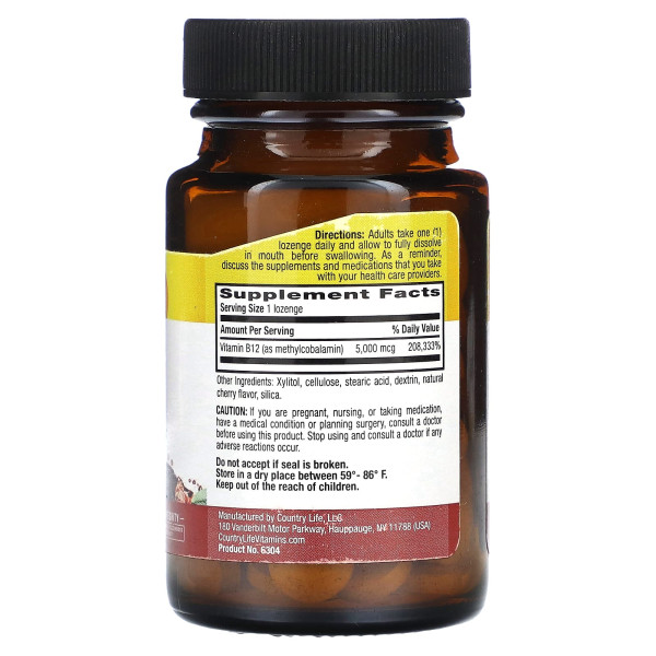 Вітамін В12, Methyl B12, Country Life, метилкобаламін, вишня, 5000 мкг, 60 льодяників