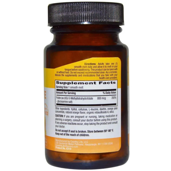 Фолієва кислота, Methylfolate, Country Life, 800 мкг, 60 таблеток
