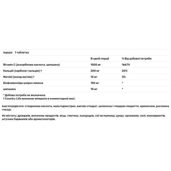 Вітамін С, Buffered Vitamin C, Country Life, буферизований, 1000 мг, 250 таблеток