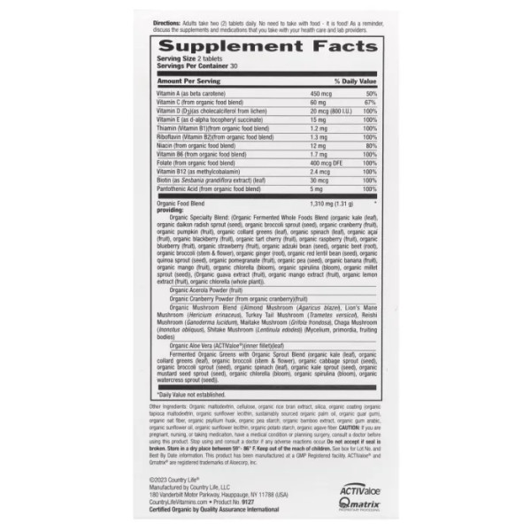 Мультивітаміни для жінок, Multivitamin For Women, Country Life, Realfood Organics, цільнохарчовий органічний комплекс, без заліза, 60 вегетаріанських таблеток