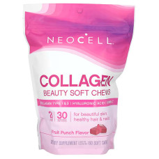 Коллаген, сплеск краси, Collagen Soft Chews, Neocell, фруктовий пунш, 60 м'яких жувальних таблеток (1 г на одну таблетку)