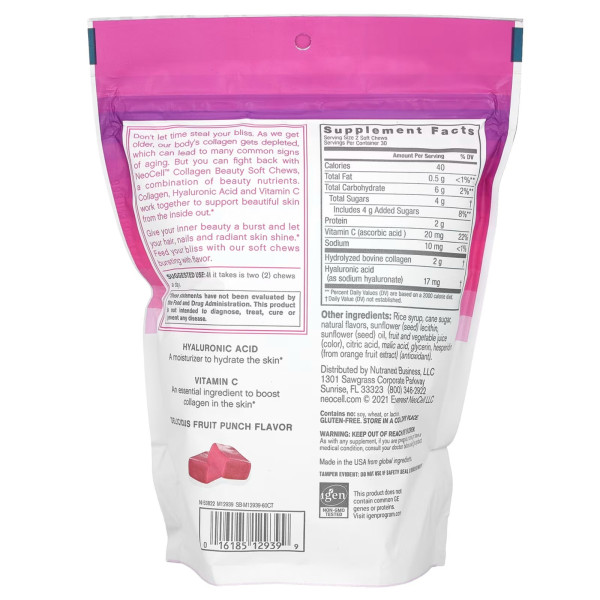 Колаген, сплеск краси, Collagen Soft Chews, Neocell, фруктовий пунш, 2 г, 60 м'яких жувальних таблеток (1 г на одну таблетку)
